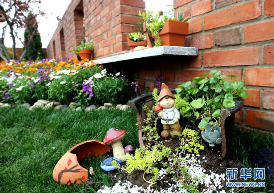 这是3月28日拍摄的学生们用破损花盆和小饰物打造的“春光乍泻”家庭小园景。
